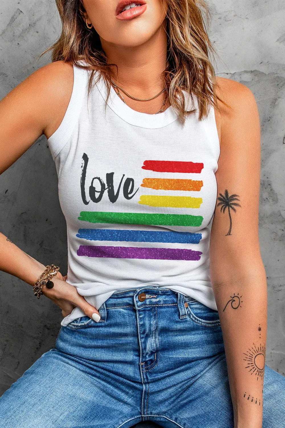 Women Summer Ribbed Basic Tank Top Love Rainbow Print Gay Pride Sleeveless Tops